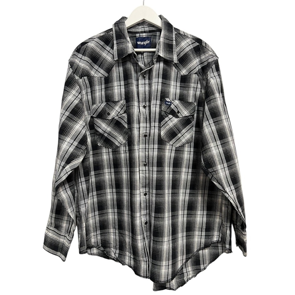 Wrangler‎ Shirt Mens 2XL Black Gray Plaid Western Pearl Snap Long Sleeve Cotton